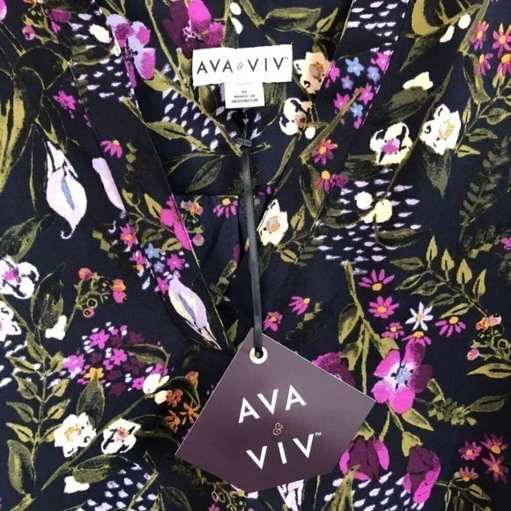 Ava & Viv Blouse Black Purple Floral Top Trendy
